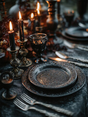Antique dark plates and cutlery sit on a table surrounded by candles