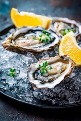 Plump oysters rest on a bed of crushed ice, garnished with fresh lemon wedges and herbs, creating an appetizing presentation at a seafood dining venue