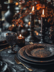 Antique dark plates and cutlery sit on a table surrounded by candles