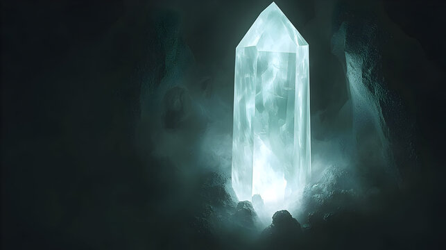 A luminous, icy crystal obelisk glows within a dark, misty cave