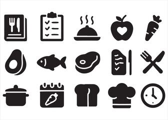 A vector set of black food and drink silhouette icons for restaurant and kitchen design illustration