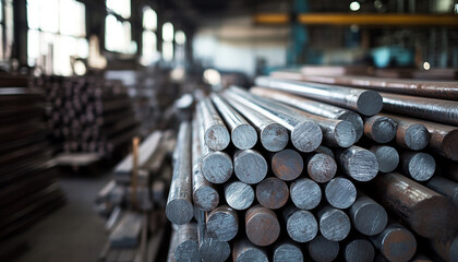 Aluminum rods in warehouse, round aluminum bars generated.AI
