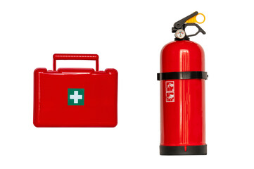 fire extinguisher and first aid kit isolated on white background