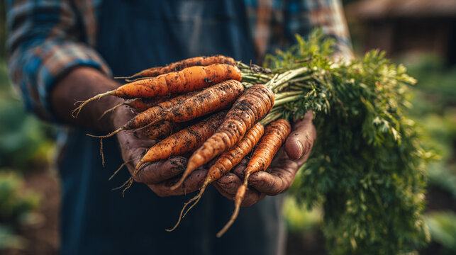 A farmer holding freshly harvested carrots with green tops in cupped hands outdoors