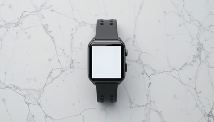 A black smartwatch with a white screen resting on a white marble surface in a centered composition
