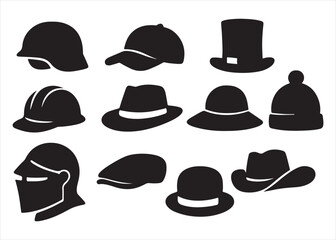 Black silhouette set of fashion accessory hats, caps, and cowboy hat vector illustration collection