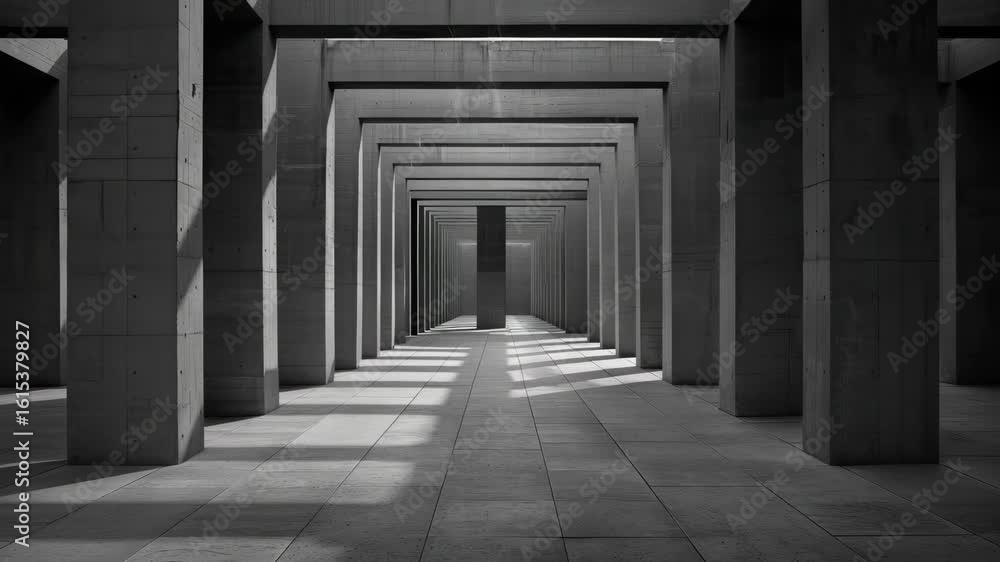 Aufkleber wander through an expansive concrete space filled with powerful geometric shapes and captivating sha