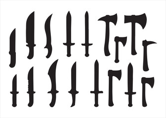 Vintage isolated collection of medieval weapons and industrial construction tools including a hammer, wrench, and screwdriver