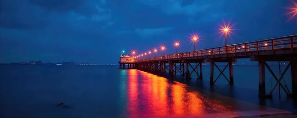 Vibrant pier lights illuminate the night sky, reflecting on calm water Perfect for travel, coastal, and summer themes Ideal for websites, brochures, and postcards , dark, vibrant, energy