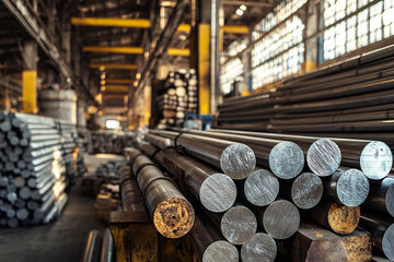 Aluminum rods in warehouse, round aluminum bars generated.AI