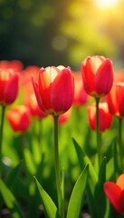 Obraz premium Vibrant tulips bursting into bloom in a lush green meadow bathed in warm spring sunlight Perfect for themes of renewal, growth, and the beauty of nature's awakening , meadow, flowers, hyacinth