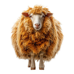 Close-up portrait of a golden sheep against a stark black background showing wool