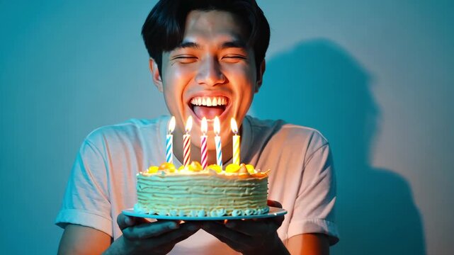 AI Generative Young man blowing out candles on cake, happy birthday celebration