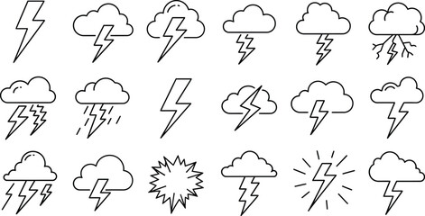 Vector art of a collection of lightning and cloud icons in a variety of shapes and weather conditions 