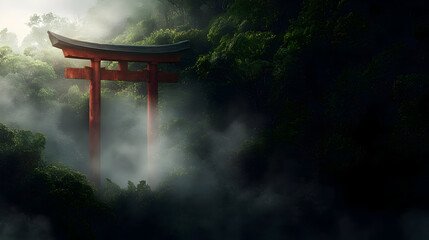 Misty forest scene with a traditional red torii gate. Lush green foliage surrounds a misty area, with a vibrant red torii gate standing prominently