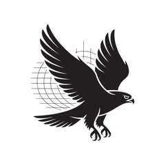 Black silhouette of a hawk with outstretched wings and a globe grid falcon eagle