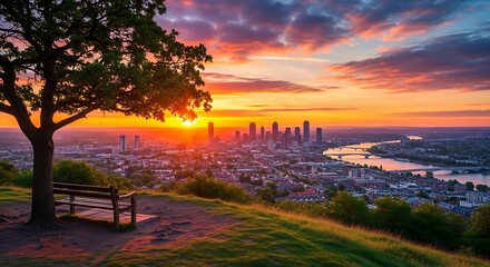 City skyline at sunset, viewed from a park bench under a shady tree offering a peaceful vantage