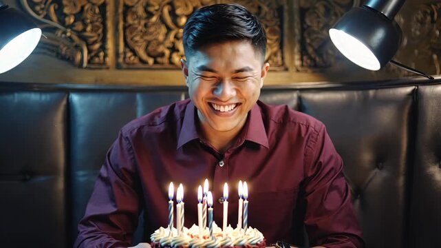 AI Generative Young man blowing out candles on cake, happy birthday celebration