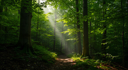 Obraz premium Sunlight streams through the dense canopy of a lush green forest, illuminating a path winding through the trees.