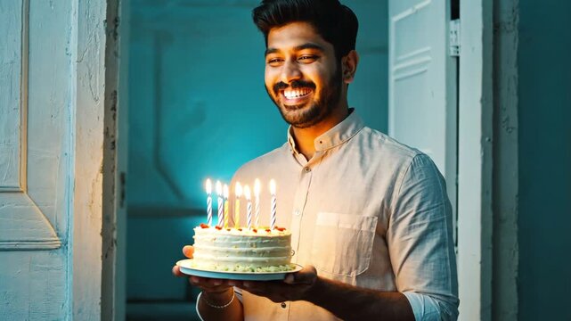 AI Generative Young man blowing out candles on cake, happy birthday celebration
