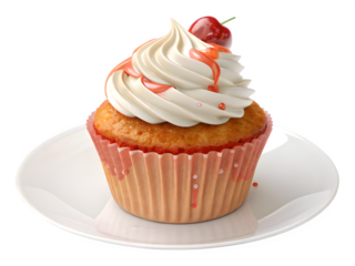 Delicious vanilla cupcake with cherry topping on a white plate
