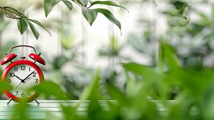 A red alarm clock sits on a green wooden table amidst vibrant foliage, symbolizing the importance of time awareness and daily habits - Powered by Adobe