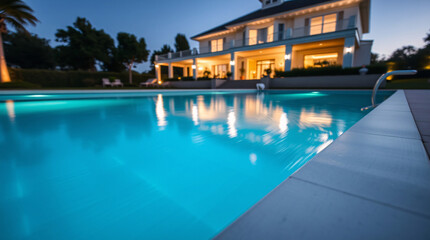 A luxurious mansion with an illuminated pool reflecting lights during the evening.