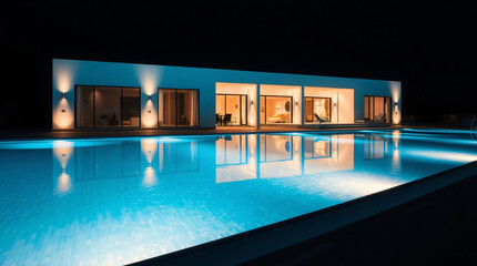 A modern house illuminated at night with a pool reflecting lights.