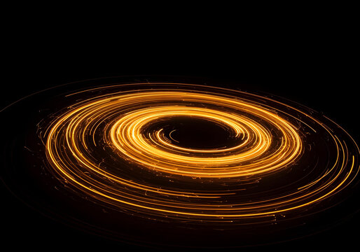 Golden shiny sparks forming a spiral wave on a dark, textured canvas, resembling a galaxy, with curved bright speed line swirls and a glowing swirl bokeh effect.