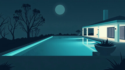 A luxurious mansion with an illuminated pool reflecting lights during the evening.