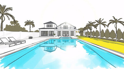 Luxury villa with a blue swimming pool under a clear sky.