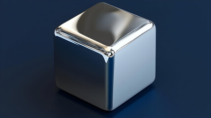Polished silver cube on dark background.  Detailed close-up view of a highly reflective, metallic cube with rounded edges, sitting on a deep navy surface