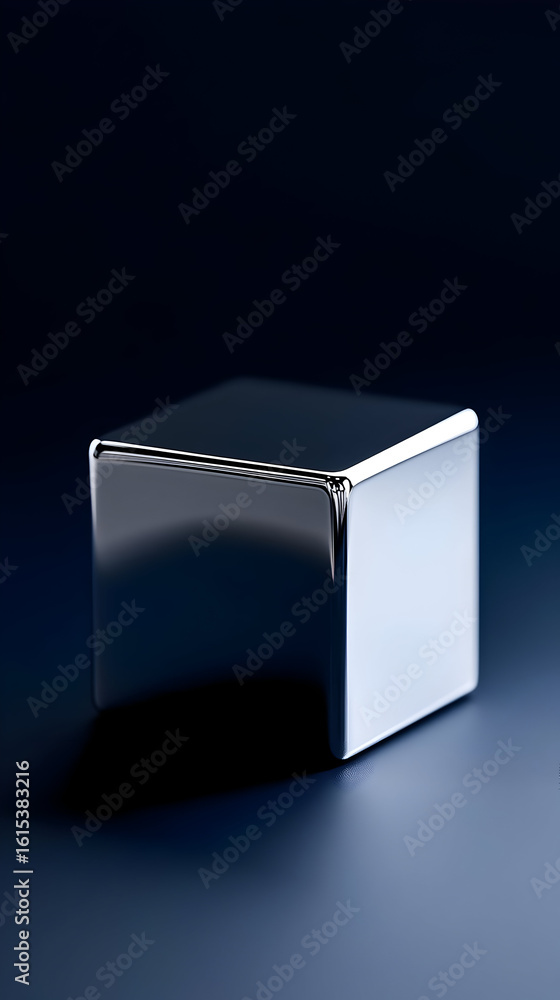 Aufkleber polished chrome cube on dark background. detailed close-up view of a highly reflective, metallic cub