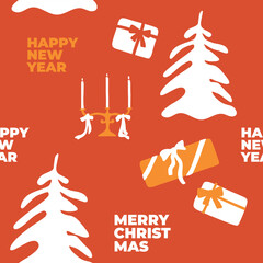 Red and white holiday seamless pattern. Vector illustration of christmas tree, candle holder, gift box, text Mery christmas, Happy new year. Wrapping paper, print, package, wallpaper, textile, fabric