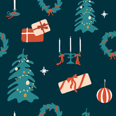 Christmas or new year seamless pattern. Vector illustration of decorated christmas tree, wreath, ball, candle holder, gift boxes. Template wrapping, paper, print, package, wallpaper, textile, fabric