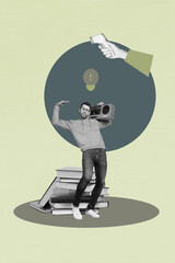 Poster image collage of person sit dance listen boom box book with little exclamation mark icon on...