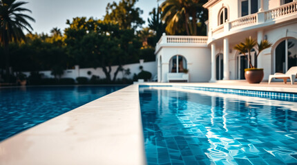 A luxurious mansion with an illuminated pool reflecting lights during the evening.