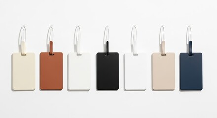 Collection of colorful leather luggage tags on a white background