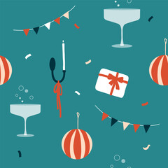 Christmas, new year party, birthday, holiday seamless pattern. Vector illustration of champagne or wine drink glass, garland, candle holder, gift box. Wrapping paper, festive package, textile, fabric