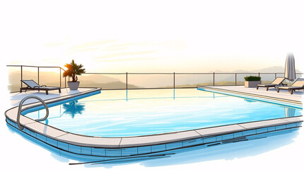 Luxury villa with a blue swimming pool under a clear sky.