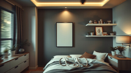 Bright bedroom interior with pink walls and a cozy, modern design.