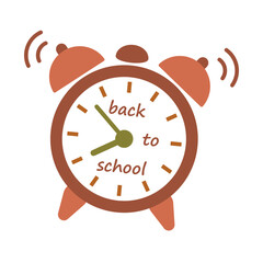 Back to School Alarm Clock. Vintage ringing alarm clock with Back to Schooltext inside, isolated. Educational time reminder concept for school season, study routine, morning wake up.