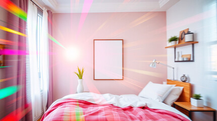 Bright bedroom interior with pink walls and a cozy, modern design.