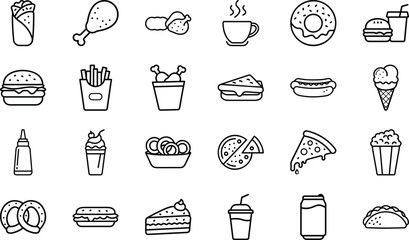 Fast Food Line Icons – Burgers, Pizza, Fries, Drinks, Desserts – Vector Set for Menus & Mobile Apps