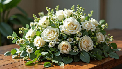 Funeral Bouquet of White Roses for Sympathy Cards, Memorial Websites, Condolence Notes, and Funeral Services