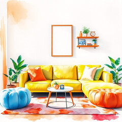 A cozy living room with modern furniture, plants, and soft pastel colors.