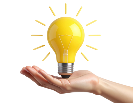 Minimalist 3D Render of Hand Presenting Light Bulb Icon with Radiating Rays, Isolated PNG