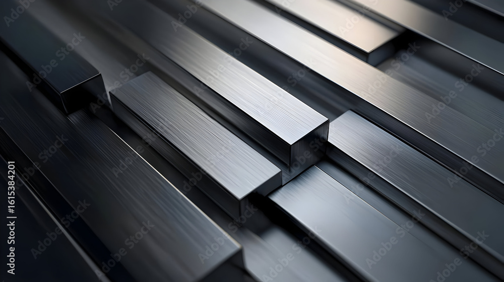 Aufkleber stacked metallic rectangular bars in a close-up view, exhibiting a brushed or polished surface, with