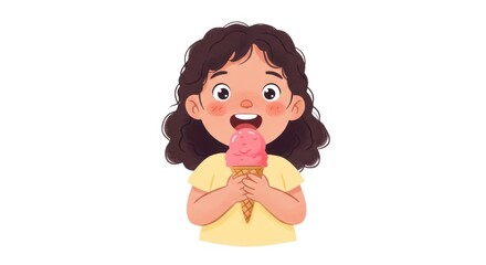 A happy young girl with curly hair is about to eat a pink ice cream cone.