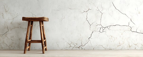 Vintage wooden stool and whitewashed wall with natural crack patterns
